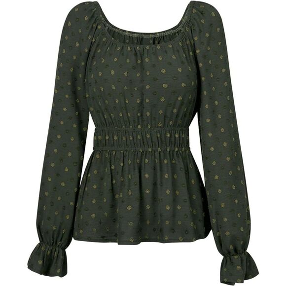 Rooscier Green Swiss Dots Puff Long Sleeve Scoop Neck Ruffle Hem Blouse Sz XL - Picture 2 of 8